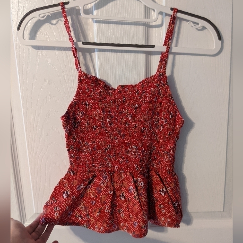 Smocked Peplum Floral Polka Dot Spaghetti Strap Adjustable‎ Tank Top Size Small